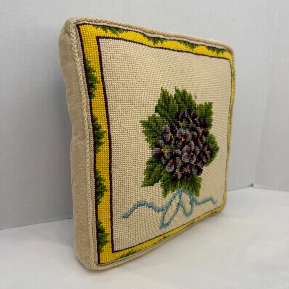 Vintage Needlepoint Violet Floral Throw Pillow Purple Yellow Velvet Back 12in